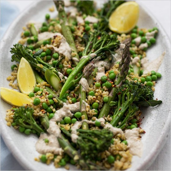 Freekeh, pea and broccoli salad with tahini dressing